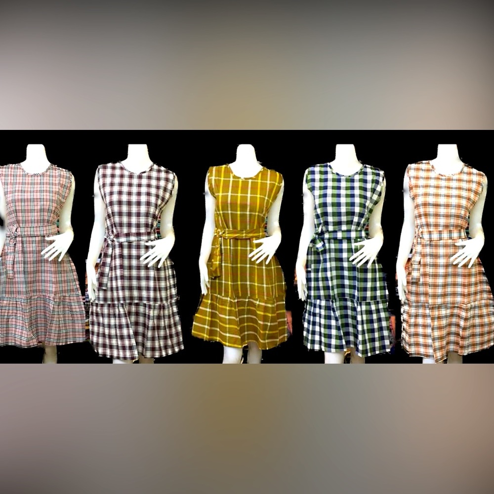 Polished neutral plaid A-line statement dress with a removable self-tie belt.